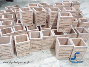 Wooden Engraved pen jar for standard chartered